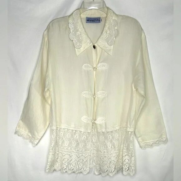 Concrete Ivory Lace Blouse Button Down Crochet Collar and Button Cottagecore SzS - Picture 1 of 6